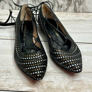 Black Lace Up Leg Wrap Gladiator Leather Ballet Flats Woven Handmade Basketweave